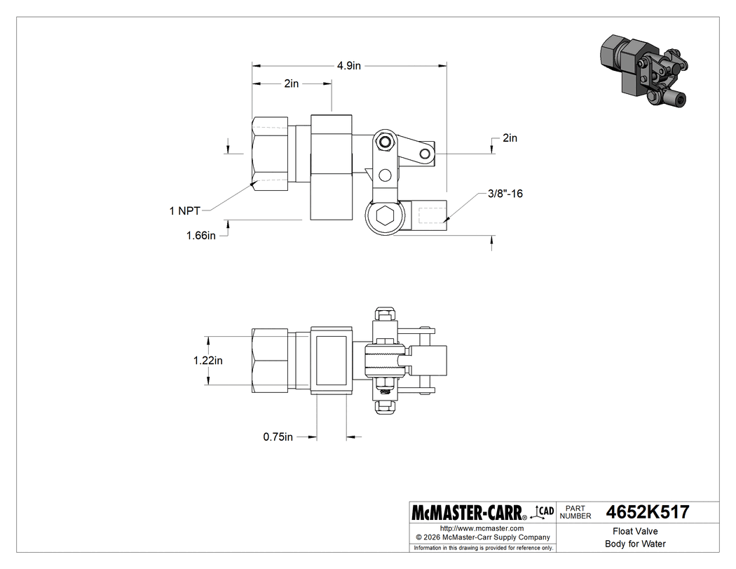 Technical Drawing of Float Valve Body for Water, Buna-N Seal, Nonrotating Plunger, 1 NPT Female Inlet.